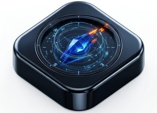 TechCompassReview futuristic 3D compass logo in navy blue and orange